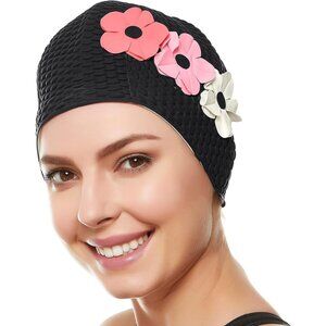 Beemo Latex Swimming Cap for Women Shield Hair from Damage - Black / Pink White